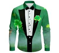 Camicia da uomo a maniche lunghe verde per San Patrizio Camicia da uomo di grandi dimensioni stampata falsa cravatta e effetto smoking nero e bianco, tessuto leggero e arioso per festa di San Patrizio