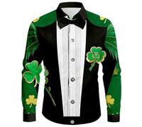 Camicia da uomo a maniche lunghe verde per San Patrizio Camicia da uomo di grandi dimensioni stampata falsa cravatta e effetto smoking nero e bianco, tessuto leggero e arioso per festa di San Patrizio