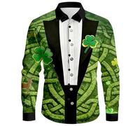 Camicia da uomo a maniche lunghe verde per San Patrizio Camicia da uomo di grandi dimensioni stampata falsa cravatta e effetto smoking nero e bianco, tessuto leggero e arioso per festa di San Patrizio