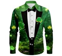 Camicia da uomo a maniche lunghe verde per San Patrizio Camicia da uomo di grandi dimensioni stampata falsa cravatta e effetto smoking nero e bianco, tessuto leggero e arioso per festa di San Patrizio