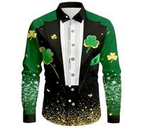 Camicia da uomo a maniche lunghe verde per San Patrizio Camicia da uomo di grandi dimensioni stampata falsa cravatta e effetto smoking nero e bianco, tessuto leggero e arioso per festa di San Patrizio