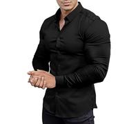 Camicia da uomo a maniche lunghe, vestibilità muscolare, senza pieghe, elasticizzata, slim fit, per il tempo libero, in tinta unita, comoda, estiva, leggera, con bottoni, idea regalo per lui, Nero