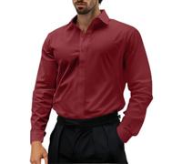 Camicia da uomo a maniche lunghe, vestibilità normale, non necessita di stiratura, con bottoni, per il tempo libero, in tinta unita, da uomo, Vino, XL