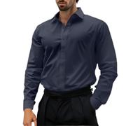 Camicia da uomo a maniche lunghe, vestibilità normale, non necessita di stiratura, con bottoni, per il tempo libero, in tinta unita, da uomo, Blu marino, XXL