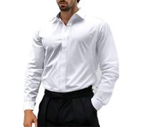 Camicia da uomo a maniche lunghe, vestibilità normale, non necessita di stiratura, con bottoni, per il tempo libero, in tinta unita, da uomo, bianco, L