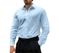 Camicia da uomo a maniche lunghe, vestibilità normale, non necessita di stiratura, con bottoni, per il tempo libero, in tinta unita, da uomo, Azzurro, L