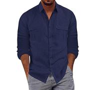 Camicia da uomo a maniche lunghe, vestibilità regolare, per il tempo libero, da uomo, a maniche lunghe, in cotone, con bottoni, da spiaggia, leggera, traspirante, estiva, casual, per l'autunno, Blu