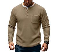 Camicia da uomo a nido d'ape, a due pezzi, a maniche lunghe, con bottoni a un quarto, casual, per autunno e inverno, stile da indossare tutti i giorni, cachi, XXL