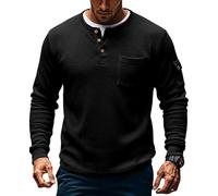 Camicia da uomo a nido d'ape, a due pezzi, a maniche lunghe, con bottoni a un quarto, casual, per autunno e inverno, stile da indossare tutti i giorni, Nero , S