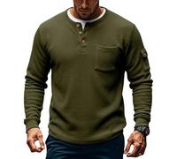 Camicia da uomo a nido d'ape, a due pezzi, a maniche lunghe, con bottoni a un quarto, casual, per autunno e inverno, stile da indossare tutti i giorni, Verde militare, XXL