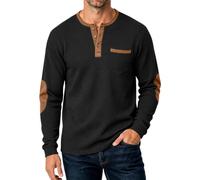 Camicia da uomo a nido d'ape Henley a maniche lunghe casual con abbottonatura, Nero , M