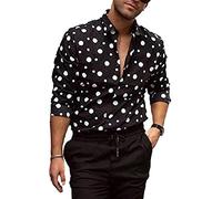 Camicia da Uomo a Pois Camicie a Maniche Lunghe con Risvolto con Stampa Grafica Casual alla Moda Nero XL