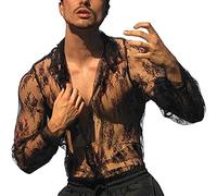 Camicia da uomo a rete trasparente, a maniche lunghe, trasparente, a maglia, sexy, in pizzo, trasparente, a maniche lunghe, sottile, Y nero., S