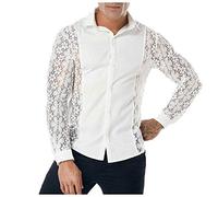 Camicia da uomo a rete trasparente, a maniche lunghe, trasparente, con fiori, in pizzo, a maniche lunghe, casual, a maniche lunghe, sexy, in pizzo, bianco, L