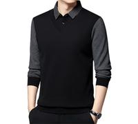 Camicia da uomo a righe con colletto e finta manica lunga a due pezzi, camicie casual da lavoro a manica lunga, camicia da uomo a manica lunga in maglia finta a due pezzi, Nero , XXL