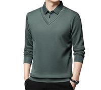 Camicia da uomo a righe con revers finti a due pezzi a maniche lunghe, camicie casual da uomo a maniche lunghe, camicia da uomo a maniche lunghe in maglia finta a due pezzi, Fagiolo verde., L