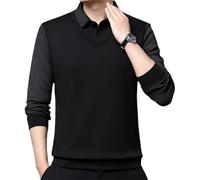 Camicia da uomo a righe con risvolto finto a due pezzi manica lunga, primavera autunno business casual tinta unita polo pullover, Nero , L