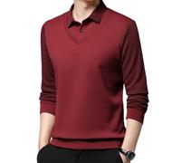 Camicia da uomo a righe con risvolto finto a due pezzi manica lunga, primavera autunno business casual tinta unita polo pullover, Rosso, XXL