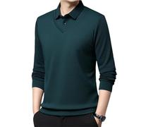 Camicia da uomo a righe con risvolto finto a due pezzi manica lunga, primavera autunno business casual tinta unita polo pullover, Verde, M