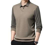 Camicia da uomo a righe con risvolto finto a due pezzi manica lunga, primavera autunno business casual tinta unita polo pullover, Cachi scuro., XL