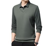 Camicia da uomo a righe con risvolto finto a due pezzi manica lunga, primavera autunno business casual tinta unita polo pullover, Fagiolo verde., XL