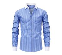 Camicia da uomo a righe, slim fit, senza stiratura, in tinta unita, per il tempo libero, per il tempo libero, Azzurro cielo-D, L