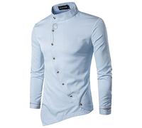 Camicia da uomo alla moda, autunno e inverno, camicia a maniche lunghe, colletto Mao, tinta unita, Henley Shirts Slim Fit idea regalo, Natale, San Valentino, Azzurro, L
