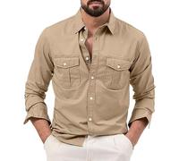 Camicia da uomo alla moda per il tempo libero multi-tasca manica lunga slim fit business pulsante top classico tinta unita camicia, Cachi, XL