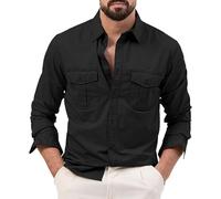 Camicia da uomo alla moda per il tempo libero multi-tasca manica lunga slim fit business pulsante top classico tinta unita camicia, nero, Medium