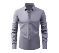 Camicia da uomo antimacchia a maniche lunghe in tessuto elasticizzato a 4 vie, camicia da lavoro con bottoni, grigio, M