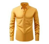 Camicia da uomo antimacchia a maniche lunghe in tessuto elasticizzato a 4 vie, camicia da lavoro con bottoni, Giallo, XS