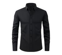 Camicia da uomo antimacchia a maniche lunghe in tessuto elasticizzato a 4 vie, camicia da lavoro con bottoni, Nero , 3XL