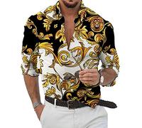 Camicia da Uomo Casual con Risvolto a Manica Lunga Moda Lusso 3D Barocco Stampa Risvolto Pulsante Giù Camicie Catena Trending Vintage Dress Shirt Camicetta