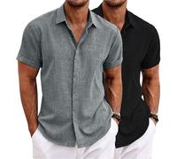 Camicia da uomo casual, in lino, a maniche corte, in cotone, per l'estate, per lo sport, vestibilità normale, per il tempo libero, confezione da 2, grigio scuro/nero, L