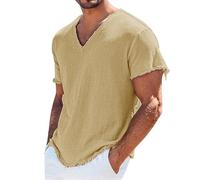 Camicia da Uomo Casual in Lino con Scollo a V a Maniche Corte sfilacciato Bordo Grezzo Maglietta Estiva invecchiata Tinta Unita Leggera Traspirante Top