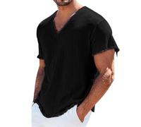 Camicia da Uomo Casual in Lino con Scollo a V a Maniche Corte sfilacciato Bordo Grezzo Maglietta Estiva invecchiata Tinta Unita Leggera Traspirante Top