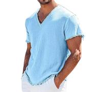 Camicia da uomo casual in lino con scollo a V a maniche corte sfilacciato bordo grezzo maglietta estiva invecchiata tinta unita leggera traspirante top, Azzurro, M
