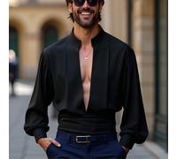 Camicia da uomo casual, stile da strada, minimalista, con collo tagliato, maniche a lanterna e orlo ampio, per primavera e autunno L,M,S,XLColore unicoPoliestere