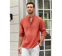 Camicia da uomo con bottoni, casual, a maniche lunghe, in lino, per l'estate, la spiaggia, le vacanze alle Hawaii