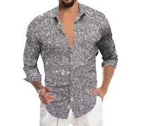 Camicia da uomo con brillantini, a maniche lunghe, in raso, alla moda, dorata, a maniche lunghe, vestibilità normale, per il tempo libero, per feste, discoteca, carnevale, alla moda, argento, S
