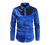 Camicia da uomo con brillantini, camicia lucida, slim fit, a maniche lunghe, tinta unita, con paillette, per il tempo libero, per feste, discoteca, clubwear, O blu., XXL