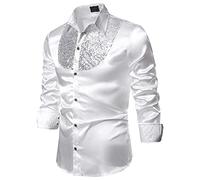 Camicia da uomo con brillantini, metallizzata, lucida, per il tempo libero, per feste, feste, costume da discoteca, a maniche lunghe, vestibilità normale, comoda, con glitter, O bianco., XL