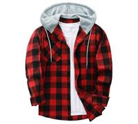 Camicia da uomo con cappuccio a maniche lunghe con bottoni e coulisse, motivo a quadri, camicia per il tempo libero per la primavera e comoda parte superiore per le vacanze e la vita quotidiana