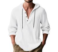 Camicia da Uomo con Cappuccio in Misto Lino Camicia Casual Henley a Maniche Lunghe Top Leggero e Ampio con Cappuccio, Ideale per la Spiaggia e per Tutti i Giorni