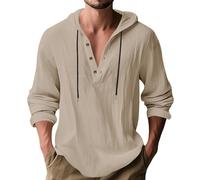 Camicia da Uomo con Cappuccio in Misto Lino Camicia Casual Henley a Maniche Lunghe Top Leggero e Ampio con Cappuccio, Ideale per la Spiaggia e per Tutti i Giorni