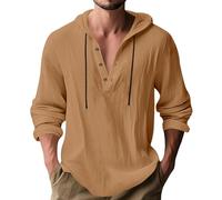 Camicia da Uomo con Cappuccio in Misto Lino Camicia Casual Henley a Maniche Lunghe Top Leggero e Ampio con Cappuccio, Ideale per la Spiaggia e per Tutti i Giorni