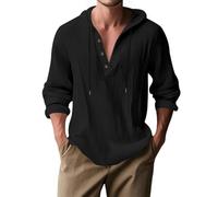 Camicia da Uomo con Cappuccio in Misto Lino Camicia Casual Henley a Maniche Lunghe Top Leggero e Ampio con Cappuccio, Ideale per la Spiaggia e per Tutti i Giorni
