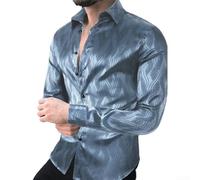Camicia da uomo con colletto con risvolto, stampa grafica retrò e maniche lunghe elasticizzate per uso casual (XL argento)