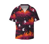 Camicia da uomo con colletto cubano con stampa di piccoli fantasmi nel fuoco, top a maniche corte per vacanze hawaiane da spiaggia, Nero , XXL