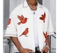 Camicia da uomo con colletto cubano e stampa di uccelli, stile lino, maniche corte, oversize e corta, bianca, casual, leggera e traspirante, adatta per estate, spiaggia, mare, feste di coppia. Regalo